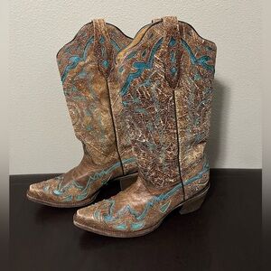 Brown and Blue Western Cowboy Boots with Floral Design